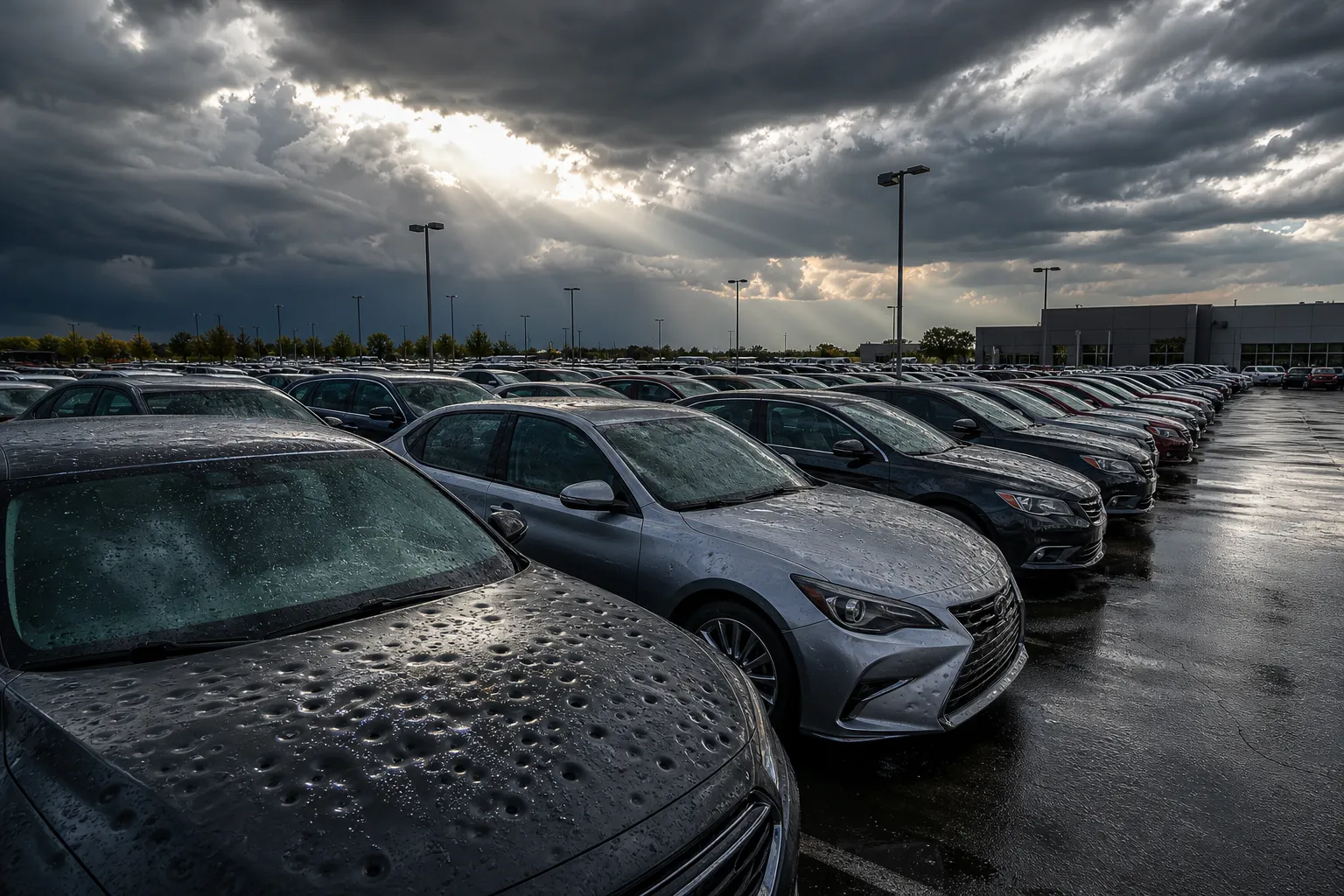 Rows of hail-dented vehicles on a dealership lot after a storm